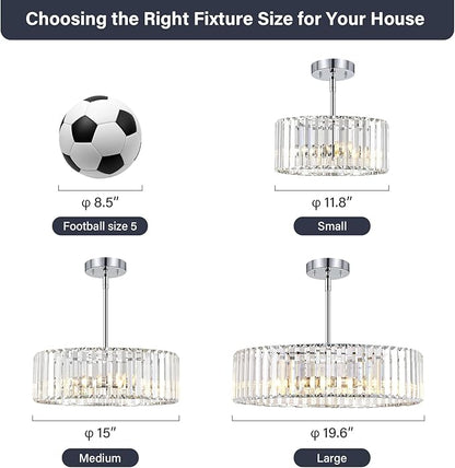 YURNYQ Chrome Crystal Chandelier for Dining Room, 4-Light Modern Semi Flush Mount Chandelier Lighting Fixtures, Round Kitchen Hanging Drum Pendant Lights Ceiling for Bedroom Entryway Foyer, 15 Inch