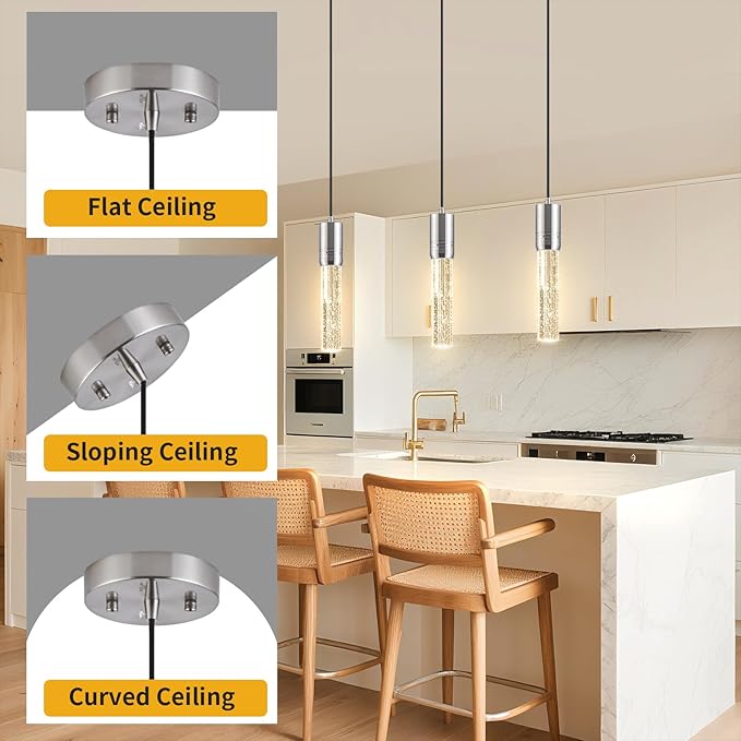 Brushed Nickel Pendant Lights Kitchen Island, Crystal Bubble Pendant Lights, Adjustable Modern Pendant Light Fixtures for Dining Living Room Bedroom 3 Pack