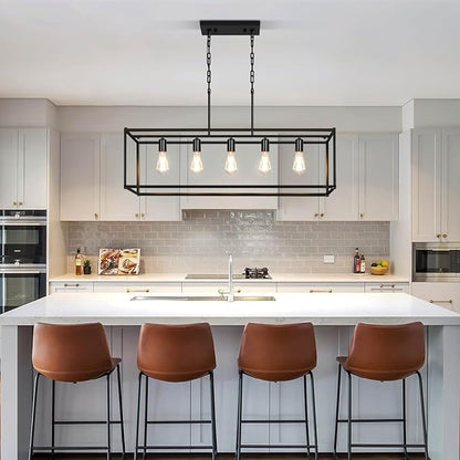 5-Light Rustic Farmhouse Chandelier, Rectangular Metal Kitchen Island Pendant Lighting Fixtures, Black Industrial Linear Hanging Light for Dining Room, Entryway, Foyer, Bar, Living Room