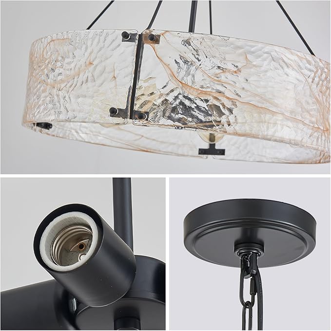 XINGQI 20.7" Black Glass Chandeliers Modern 4-Light Farmhouse Pendant Lighting Fixtures Elegant Round Chandeliers for Dining Room Kitchen Island Living Room Entryway