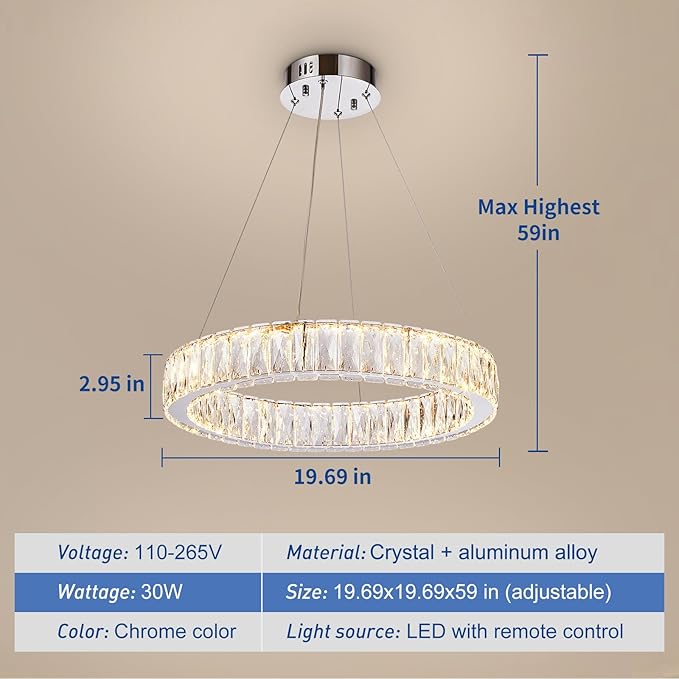 Depuley Modern LED Crystal Chandelier: 19.7" Ring Dimmable Pendant Light Adjustable for Dining Room - 30W Round Crystal Chandeliers for Bedroom Kitchen Over Table Living Room Porch Foyer