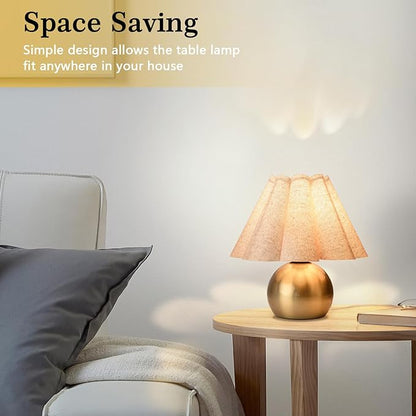 Gold Small Bedside Table Lamp for Bedroom, Brass Gold Bedroom Lamps for Nightstand, Cute Mini Table Lamps for Small Spaces with Scalloped Shade for Kitchen Counter, Bookshelf, Living Room, Kids Dorm