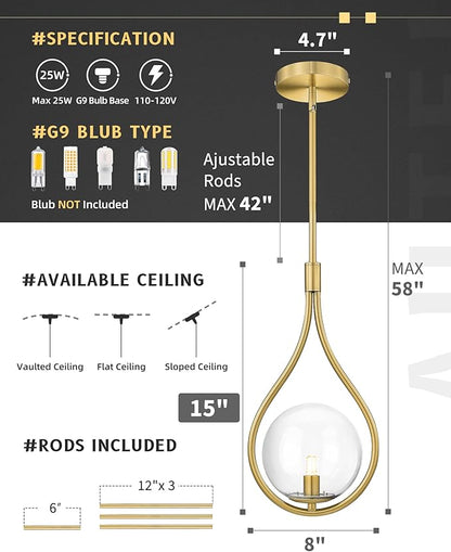 AUTELO Gold Pendant Lights Kitchen Island, 1-Light Hanging Lamp in Brushed Gold Finish with Clear Globe Glass, Mid Century Pendant Lights Kitchen Island, Gold Hanging Lights for Kitchen H9377 CLBG