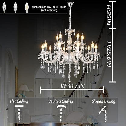 YYSHCHEN Clear Large Crystal Chandelier,15 Lights Large Chandelier for Dining Room, Living Room,Bedroom,Hallway,Entry Way 30.7"