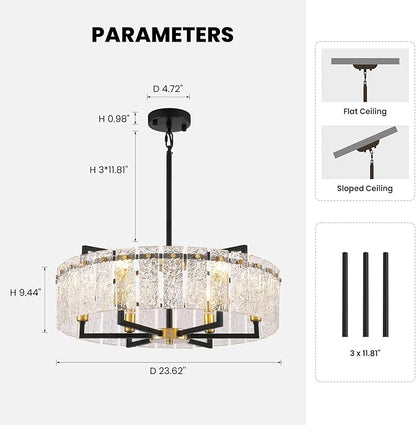 23.62" Gold Water Ripple Glass Chandeliers, 6-Light Modern Round Chandelier, Luxury Drum Chandelier Lighting Fixtures for Living Room Dining Room Kitchen Bedroom Foyer Hotel