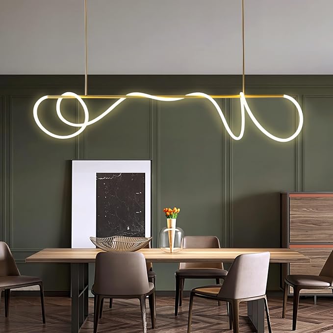 SMG Modern LED Linear Pendant Light for Dining Room, Dimmable Gold Chandelier for Office, 59" DIY Ceiling Chandelier Light with Remote Control Stepless Dimming, Restaurant Kitchen Long Hose Lamp