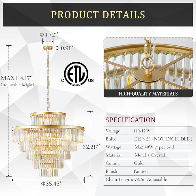 CATINER Large 36" Gold Crystal Chandeliers 23 Lights Modern Luxury Chandelier for Foyer Staircase Chandeliers 6 Tiers Round K9 Ceiling Pendant Lighting Fixture for Living Dining Room