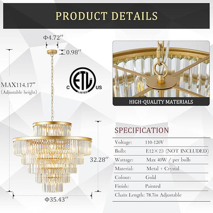 CATINER Large 36" Gold Crystal Chandeliers 23 Lights Modern Luxury Chandelier for Foyer Staircase Chandeliers 6 Tiers Round K9 Ceiling Pendant Lighting Fixture for Living Dining Room