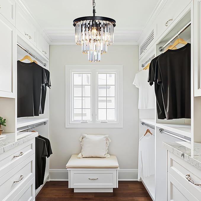 Small Black Crystal Chandeliers for Dining Room, 3-Tier 4 Lights Modern Chandelier Contemporary Luxury Top K9 Crystal Ceiling Pendant Light Fixture for Foyer Kitchen Bedroom Closet 14"