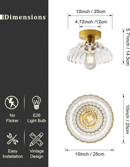 ANYLOVE 10 Inch Clear Glass Vintage Glass Semi Flush Mount Ceiling Light, E26 Socket for Bedroom Kitchen Hallway Foyer