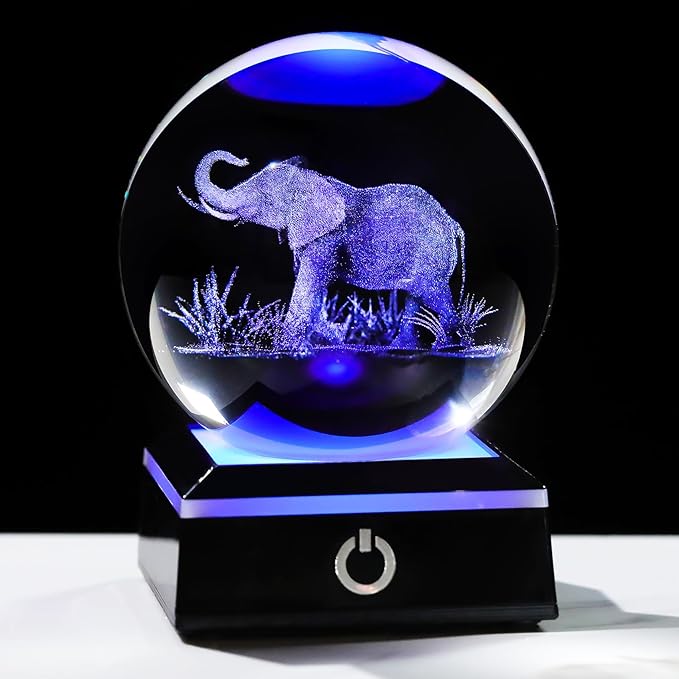 Arikyrist 3D Crystal Ball Elephant Figurine with Colorful Light Base, Laser Elephant Gifts for Women Men, Glass Elephants Statue Decorative Ball for Home Office (80mm)