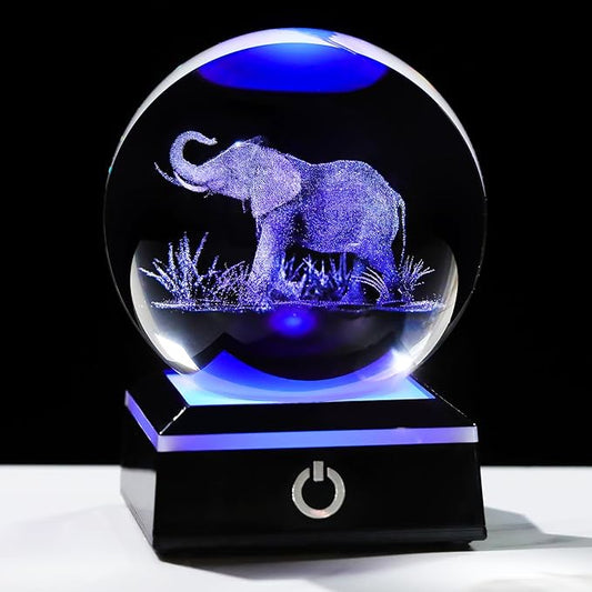 Arikyrist 3D Crystal Ball Elephant Figurine with Colorful Light Base, Laser Elephant Gifts for Women Men, Glass Elephants Statue Decorative Ball for Home Office (80mm)