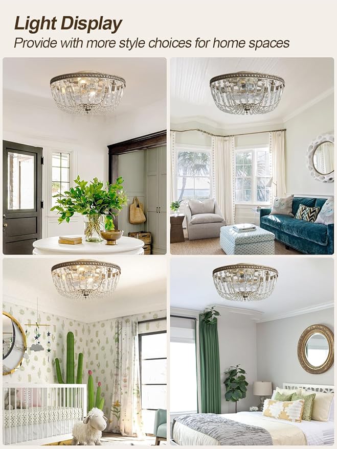 20" Flush Mount Fandelier Ceiling Fan with Light, Crystal Gold Fandelier Ceiling Fan with Light Remote Control, Vintage French Country Caged with 6 Speeds for Bedroom, Living Room, Foyer, Nursery
