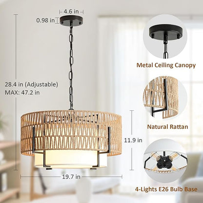 Boho Rattan Chandelier, 19.7" Rattan Pendant Light with Fabric Shade, 4-Light Farmhouse Ceiling Light Fixture Chandelier for Dining Room, Living Room, Bedroom, Kitchen Island, Foyer, Hallway