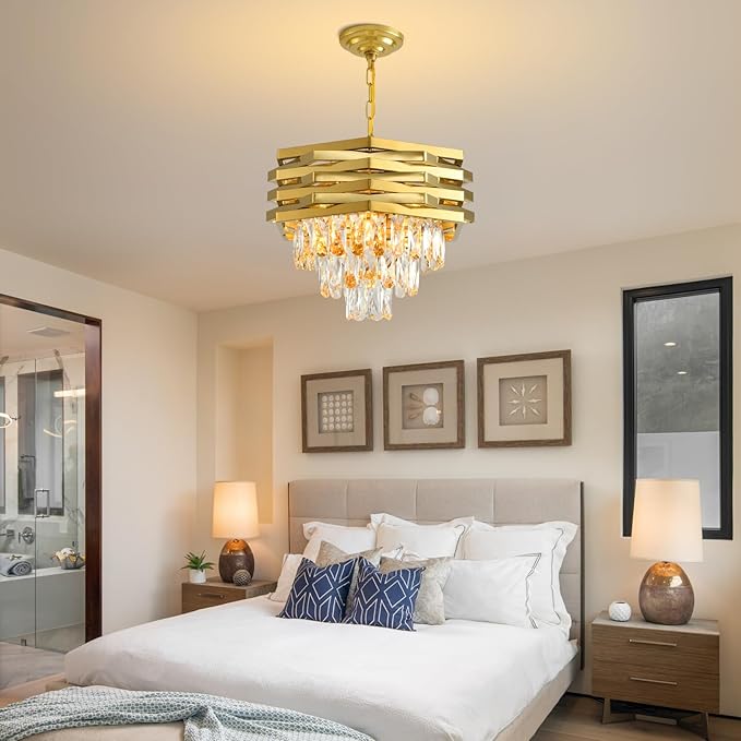 Gold Crystal Chandelier 15.7" Round Modern Crystal Chandeliers for Dining Room K9 3-Tiers Ceiling Pendant Light Fixtures Large Flush Mount Chandelier for Living Room Entryway Foyer Bedroom Kitchen