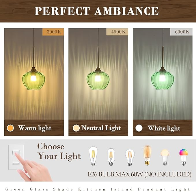 2Pack Green Glass Pendant Light, 7" Modern Glass Pendant Lighting Vintage Green Ceiling Fixtures Mini Hanging Lamp for Kitchen Island Dining Room Restaurant Bar Bedroom