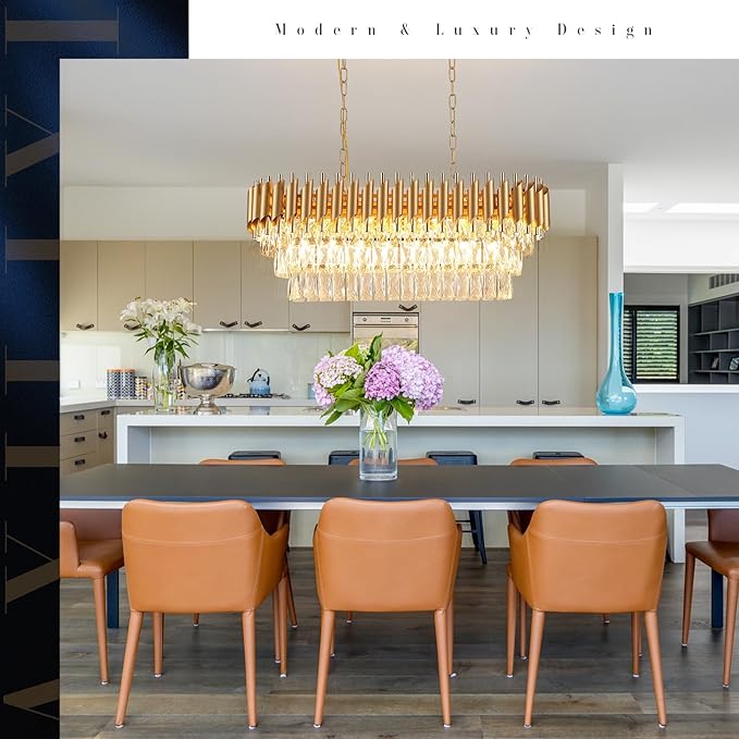 A AXILIXI Modern Rectangular Chandelier Gold Crystal Chandeliers for Dining Room 8-Light Linear Ceiling Pendant Light Long 32” Luxury Oval Chandelier for Kitchen Island Living Room