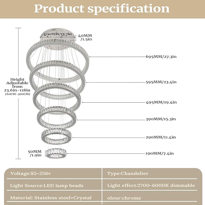 Finktonglan 6-Ring Crystal LED Chandelier, Dimmable Pendant with Remote, Adjustable Height 118", K9 Stainless Rings (Ø7.9–27.6"), 3000–6500K, Memory/Timer for Stairwell Foyer Living Room