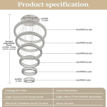 Finktonglan 6-Ring Crystal LED Chandelier, Dimmable Pendant with Remote, Adjustable Height 118", K9 Stainless Rings (Ø7.9–27.6"), 3000–6500K, Memory/Timer for Stairwell Foyer Living Room