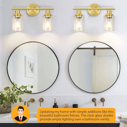 FOLKSMATE Bathroom Light Fixtures, 2-Light Brushed Brass Vanity Light, Gold Wall Sconces Lighting, Modern Bath Wall Mounted Lighting with Glass Shade, Porch Lamp for Mirror, Bedroom, Hallway