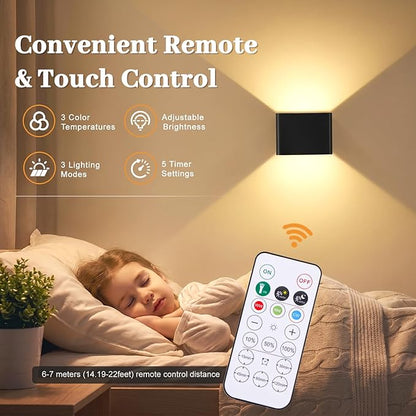 Rechargeable Motion Sensor Wall Light with Remote, 6000mAh Magnetic Battery Operated Wall Sconces, 3 Color Temperatures & Dimmable, Black LED Up Down Wireless Wall Lamp for Bedroom Living Room, 2-Pack