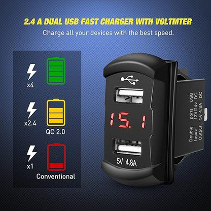 Nilight 4 Gang Rocker Switch Panel Red Backlit with 4.8 Amp Dual USB Charger Voltmeter Waterproof 12V 24V DC Night Glow Stickers for Car Trucks Boats RVs