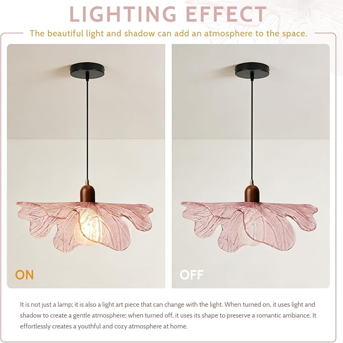 15.75" Pink Petal Glass Pendant Light Modern Hanging Ceiling Light Adjustable 59" Cord, E26 Base, Metal & Wood Finish for Dining Room, Living Room Kitchen