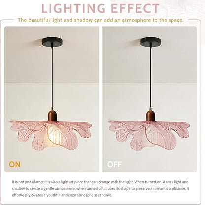 15.75" Pink Petal Glass Pendant Light Modern Hanging Ceiling Light Adjustable 59" Cord, E26 Base, Metal & Wood Finish for Dining Room, Living Room Kitchen