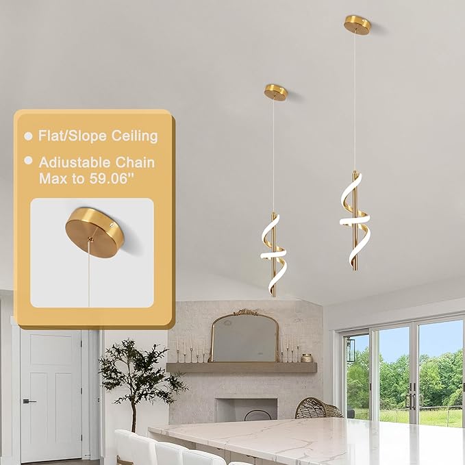 Gold Led Pendant Light Fixtures,6000K Cool White Modern Pendant Lights for Kitchen Island,Adjustable Kitchen Island Light Fixture for Dining Room Bedroom Sink, 1 Pack (Gold, 2 Packs)