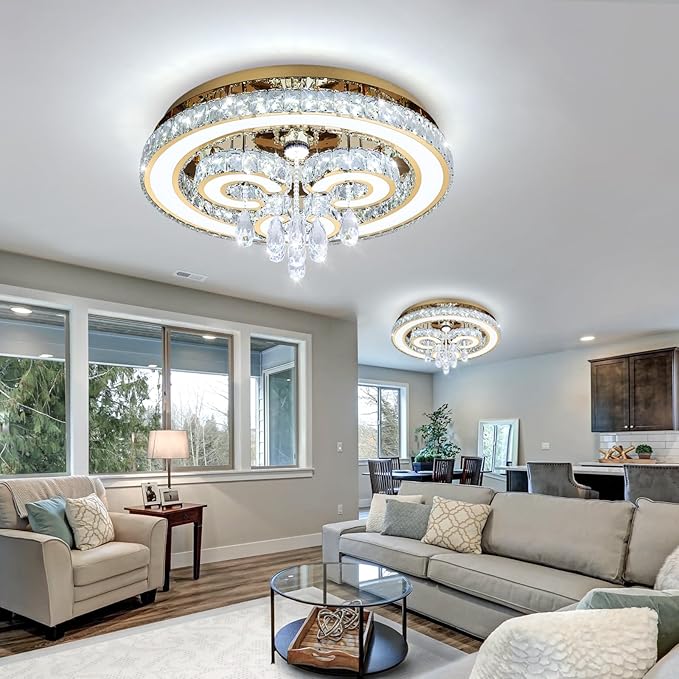 HAIXIANG Modern Chandeliers Bedroom LED Light Crystal Flush Mount Ceiling Lights for Dining Room Gold Chandelier Sparkling Interior Luxury Lighting Fixtures Living Room Dimmable Light 2700K 6000K
