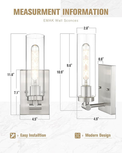 Emak Modern Wall Lights, Brushed Nickel Sconces with Clear Glass Shade, 2 Light Bathroom Vanity Light for Bathroom, Mirror, Living Room, Bedroom, Gallery, WS086-BN-CG-2PK