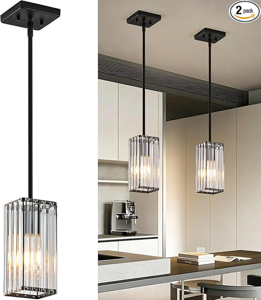 Modern Crystal Pendant Lights Kitchen Island, 2-Pack Black Hanging Light with Clear Crystal Shade, Adjustable Height Pendant Lighting for Kitchen Island Dining Room Bedroom Bar Entryway