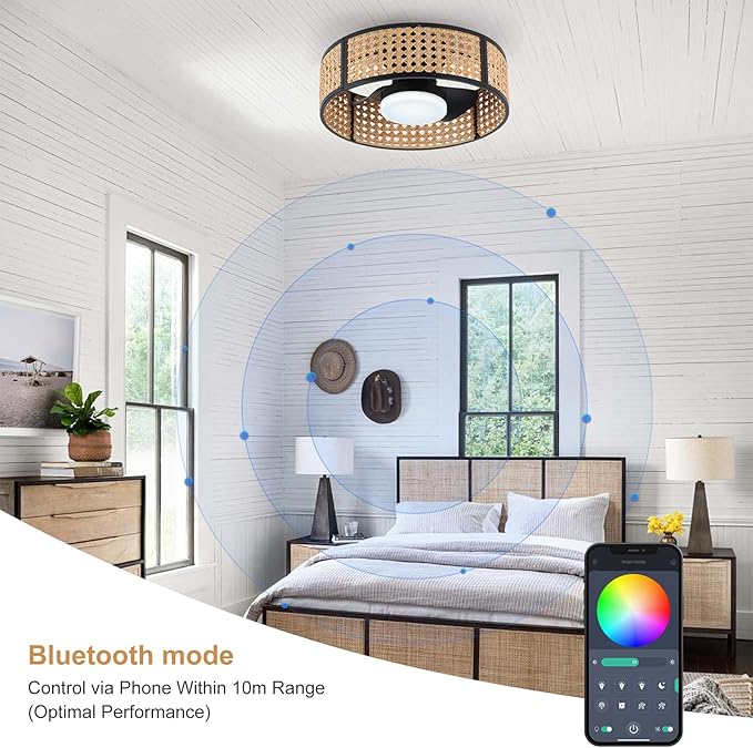 Ganeed 20" Handwoven Rattan Boho Ceiling Fans with Lights, Dimmable RGB LED Wicker Caged Ceiling Fan with Light and Remote, 6 Speed/Reversible Motor Rattan Fandelier for Bedroom Dining Room Nursery