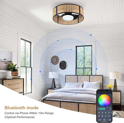 Ganeed 20" Handwoven Rattan Boho Ceiling Fans with Lights, Dimmable RGB LED Wicker Caged Ceiling Fan with Light and Remote, 6 Speed/Reversible Motor Rattan Fandelier for Bedroom Dining Room Nursery