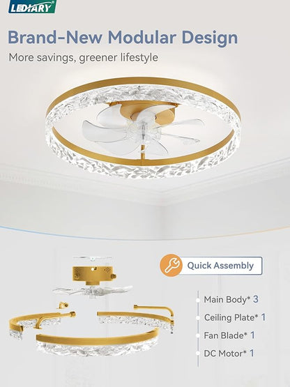 LEDIARY 20" Modern Ceiling Fans with Lights and Remote, Dimmable Low Profile Ceiling Fan, Flush Mount Fan, Stepless Color Temperature Change and 6 Speeds - Gold