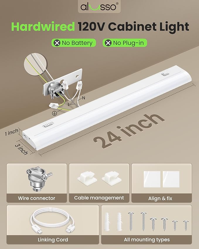 ALUSSO 24 Inch LED Under Cabinet Lighting Hardwired 120V, 5CCT Color Selectable 2700K-5000K Dimmable 15W 1200LM High Brightness, CRI 90+ Strip Linkable Under Counter Lights for Kitchen Sink, 1 Pack