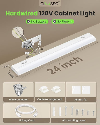 ALUSSO 24 Inch LED Under Cabinet Lighting Hardwired 120V, 5CCT Color Selectable 2700K-5000K Dimmable 15W 1200LM High Brightness, CRI 90+ Strip Linkable Under Counter Lights for Kitchen Sink, 1 Pack