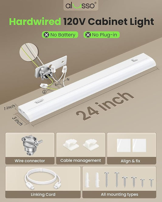 ALUSSO 24 Inch LED Under Cabinet Lighting Hardwired 120V, 5CCT Color Selectable 2700K-5000K Dimmable 15W 1200LM High Brightness, CRI 90+ Strip Linkable Under Counter Lights for Kitchen Sink, 2 Pack