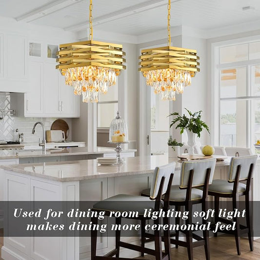 Modern Crystal Chandelier Gold Round Chandeliers for Dining Room Chandelier for Living Room Entryway Foyer Bedroom Kitchen Small Flush Mount Ceiling Pendant Light Fixtures 5-Lights W15.7