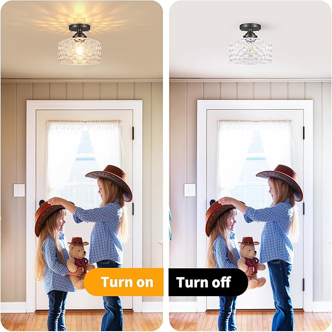 Daunton Small Semi Flush Mount Ceiling Light Fixture, Vintage Black Close to Ceiling Lighting with Hammered Glass Shade for Hallway, Kitchen, Entryway (Retro Design, Easy Install)