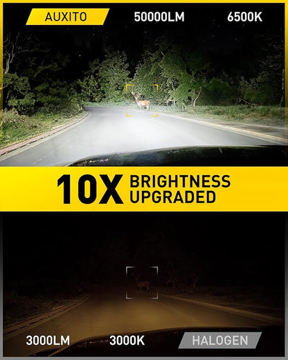AUXITO 9007 Bulbs, 50000LM Ultra-Bright HB5 Light, Direct Insert 5 Mins Installation, 50000Hrs Long Lifespan, No Flicker, 99% Compatibility, Pack of 2
