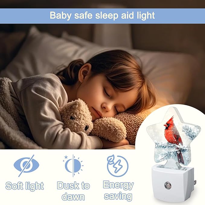 Red Cardinal Bird Nightlight,Winter Christmas Tree Star Night Lights Plug into Wall Decorations for Bedroom Bathroom,Dusk to Dawn Sensor Kitchen Hallway Stairs Energy Efficient Desk Lamp