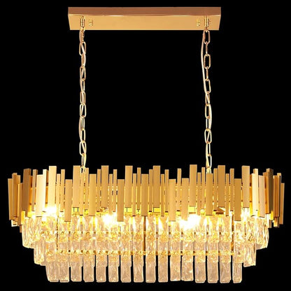 Depuley 31" Crystal Rectangle Chandelier: 3-Tier Gold Glass Crystal Chandelier Island Light Fixtures for Dining Room - 8-Light Linear Pendant Light for Kitchen Island Included Bulbs