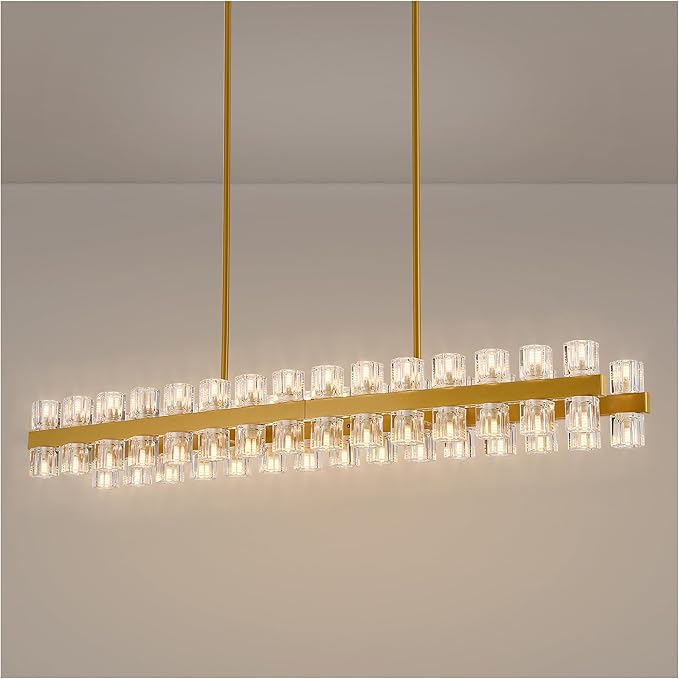 54 Inch Gold Crystal Linear Chandelier, Modern Large Rectangle 60-Lights Pendant Lighting Fixture Adjustable Height, for High Ceilings Kitchen Island, Over Table Dining Room