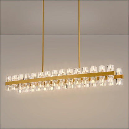54 Inch Gold Crystal Linear Chandelier, Modern Large Rectangle 60-Lights Pendant Lighting Fixture Adjustable Height, for High Ceilings Kitchen Island, Over Table Dining Room