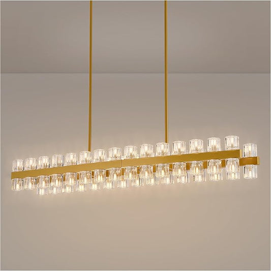 54 Inch Gold Crystal Linear Chandelier, Modern Large Rectangle 60-Lights Pendant Lighting Fixture Adjustable Height, for High Ceilings Kitchen Island, Over Table Dining Room