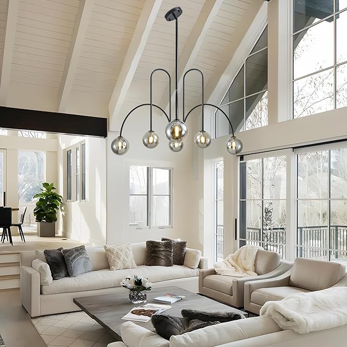 Modern Black Sputnik Chandelier 6-Light Mid Century Chandelier for Dining Room with Smoke Gray Glass Globe Ceiling Pendent Light Fixture for Living Room Kitchen Island Foyer Bedroom