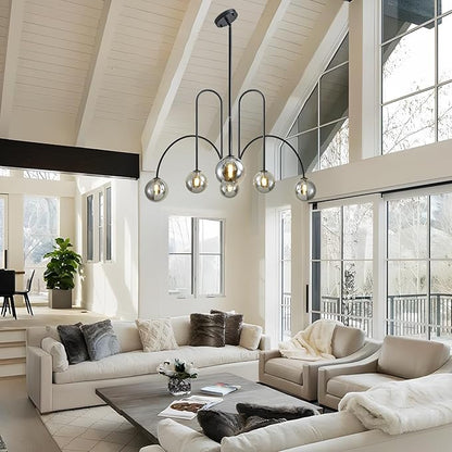 Modern Black Sputnik Chandelier 6-Light Mid Century Chandelier for Dining Room with Smoke Gray Glass Globe Ceiling Pendent Light Fixture for Living Room Kitchen Island Foyer Bedroom