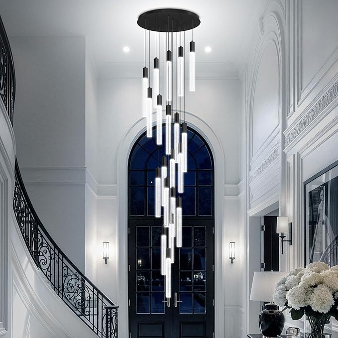 Large 20-Light Black Crystal Chandelier, Modern Dimmable LED Height Adjustable Pendant Light, Luxury Hanging Fixture for High Ceilings, Foyer, Staircase, Hotel Lobby