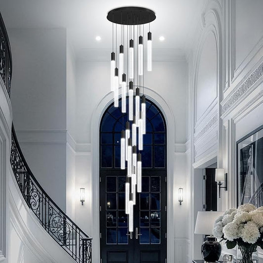 Large 20-Light Black Crystal Chandelier, Modern Dimmable LED Height Adjustable Pendant Light, Luxury Hanging Fixture for High Ceilings, Foyer, Staircase, Hotel Lobby